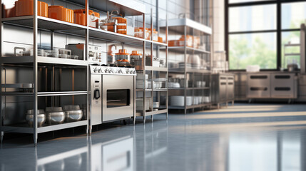 Fresh resin vinyl flooring in a commercial bakery kitchen, accompanied by stainless steel cabinets, shelves stocked with professional baking equipment, machines, and kitchenware
