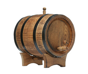 One wooden barrel with tap on white background