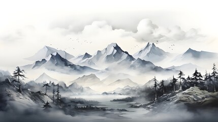 Obraz premium A minimalist ink drawing of a mountain range, capturing the essence of its grandeur with simple, bold lines. (Generative AI)