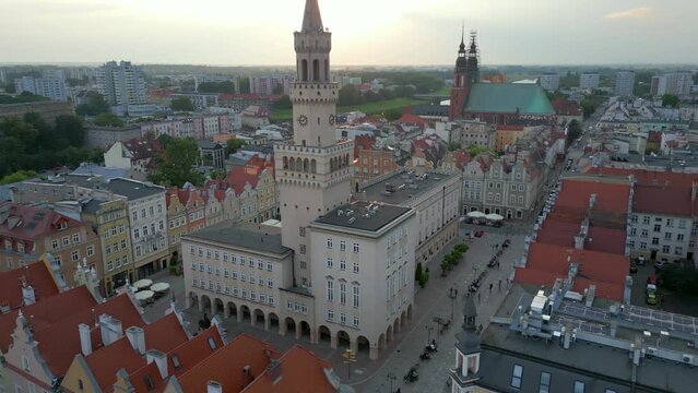 Opole. Aerial shots at sunset The market square, the opera house by the river, the most popular places in Opole.