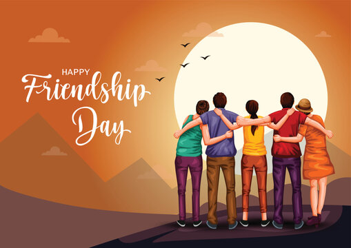 friedshipHappy international friendship day greeting card, back view of friends group. abstract vector illustration design