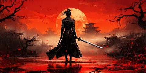 Anime female warrior with a sword on a bloody red background. 