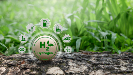 Concept of Green Hydrogen H2 gas molecule. Production of green hydrogen energy powered by renewable...