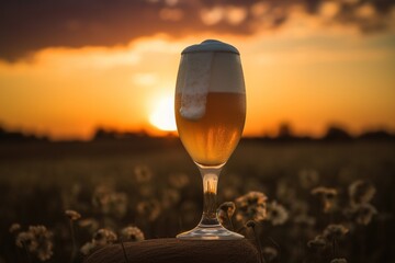 A glass of cold frothy beer on the beach at sunset. Beer Festival Concept. generative ai