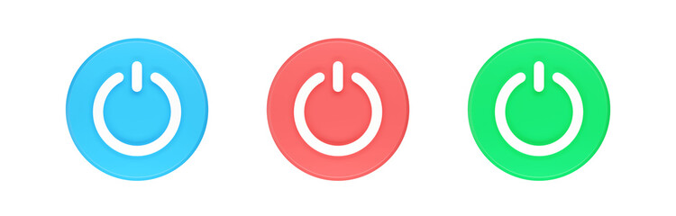 Power button 3d render icon set- start simple circle with switch sign, round shutdown element