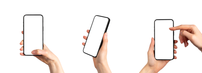 Mobile phone mockups set. Smartphone screen mock-ups in hand isolated on white