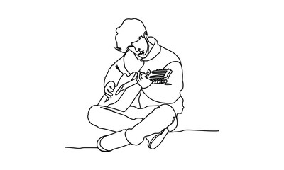 Linear drawing art of a boy playing the guitar illustration design