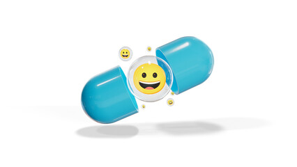 Opening Medical Pill with Emoji grinning face inside transparent bubble.Healthcare and Medical 3D illustration isolated on transparent background
