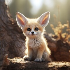 Naklejka na ściany i meble A small Fennec fox cub sitting on a log created with Generative AI technology