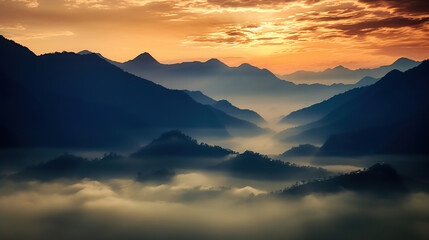 Obraz premium Smoke in the mountain range at the sunrise light