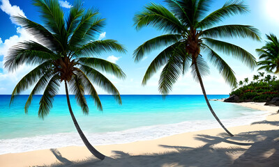 Obraz premium Sunset on the Sea, beach, palm trees and seagulls, Generative AI, Generative, AI