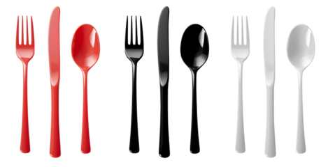 Set of Cutlery of plastic disposable colourful party spoon, fork knife on transparent background cutout, PNG file. Mockup template for artwork design. red black white

