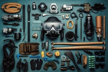 freediving tools and equipment flat lay AI Generated
