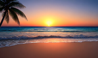 Fototapeta na wymiar Sunset on the Sea, beach, palm trees and seagulls, Generative AI, Generative, AI