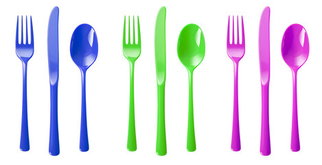 Set of Cutlery of plastic disposable colourful party spoon, fork knife on transparent background...