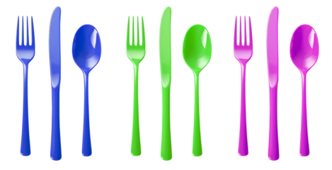 Set of Cutlery of plastic disposable colourful party spoon, fork knife on transparent background cutout, PNG file. Mockup template for artwork design. blue green purple

