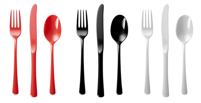 Set of Cutlery of plastic disposable colourful party spoon, fork knife on transparent background cutout, PNG file. Mockup template for artwork design. red black white

