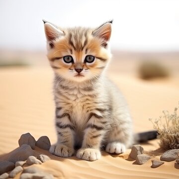 A small sand cat sitting on top of a sandy beach created with Generative AI technology