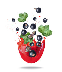 Ripe black currants with leaves in splashes of fresh juice, isolated on white background