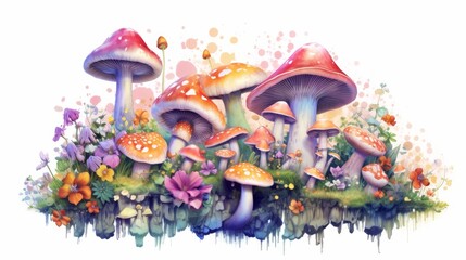 Cluster of Dreamy and Mythical Mushrooms and Wildflower. AI generated