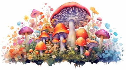 Cluster of Dreamy and Mythical Mushrooms and Wildflower. AI generated