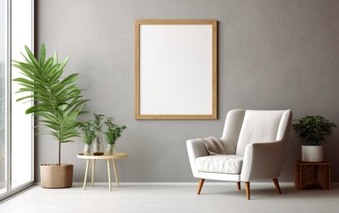 Empty wooden frame on the warm gray wall with copy space in the living room with a white armchair, green plants on the floor side, coffee table.