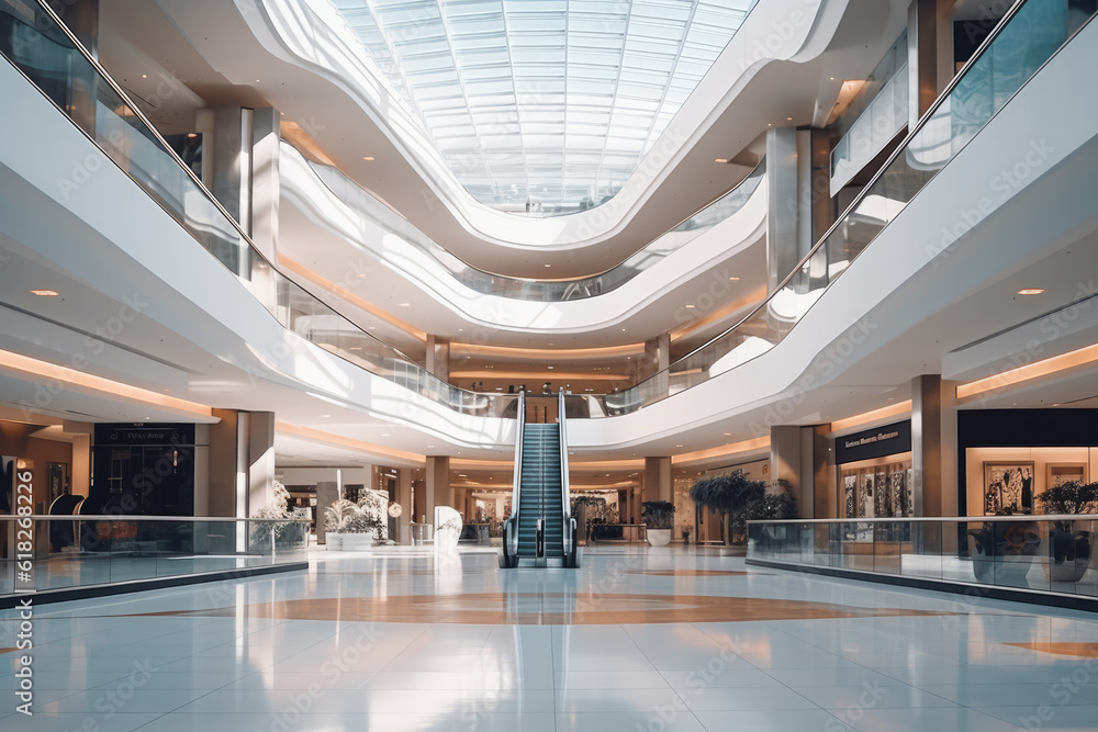 Wall mural Contemporary shopping mall interior. Indoor space of  modern shopping center. 