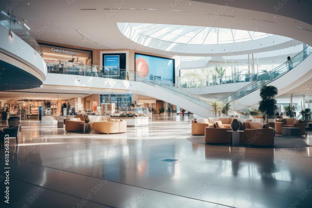 Wall mural contemporary shopping mall interior. indoor space of modern shopping center.