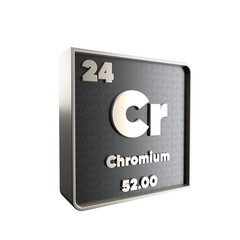 Chromium chemical element black and metal icon with atomic mass and atomic number. 3d render illustration.