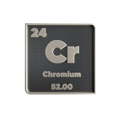 Chromium chemical element black and metal icon with atomic mass and atomic number. 3d render illustration.