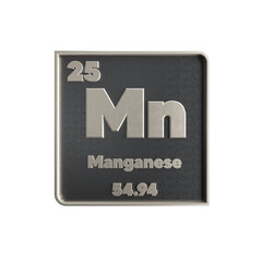 Manganese chemical element black and metal icon with atomic mass and atomic number. 3d render illustration.