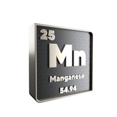 Manganese chemical element black and metal icon with atomic mass and atomic number. 3d render illustration.