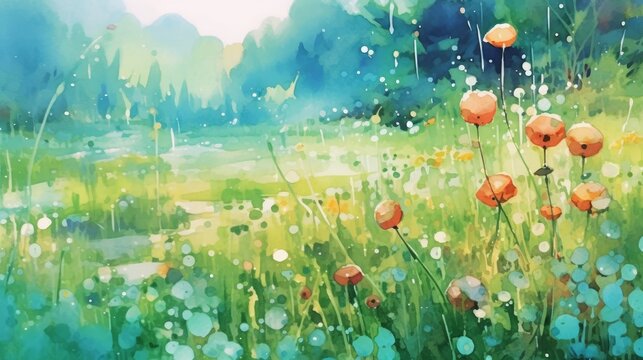 Refreshing and Dewy Meadow watercolor illustration. AI generated