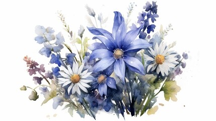 Fototapeta na wymiar Wild Bouquet of Daisies and Delphiniums watercolor. AI generated