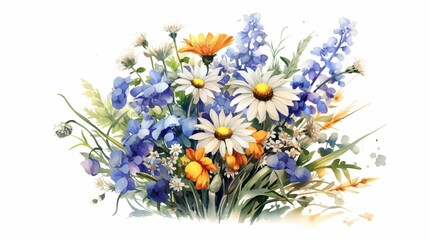 Wild Bouquet of Daisies and Delphiniums watercolor. AI generated