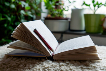 An open book lying on a pouffe against the backdrop of a window with daylight.
