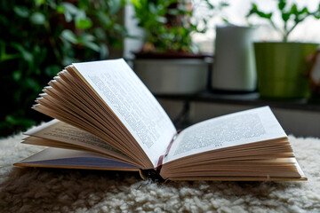 An open book lying on a pouffe against the backdrop of a window with daylight.