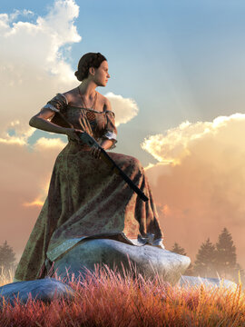 In the American wild west, a dark haired woman in a brown dress holds a rifle. With a look of confidence and determination, she stands with one foot on a  boulder and looks to the side. 3D Rendering
