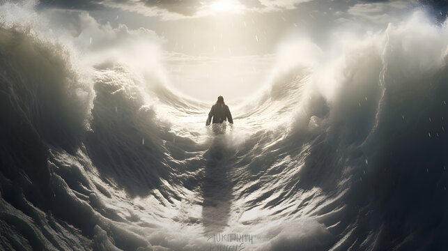 Jesus Christ walking on water. Storm with huge waves. AI generated