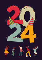 Happy new year 2024. Disco party. Dancing people. Gretting card, wish card for New Year's Eve. Vector illustrations of dancing silhouettes on a dark background