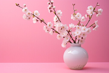 Obraz na płótnie Canvas Blooming Flowering Cherry Branch in a Vase on a Pink Background - Created with Generative AI Tools