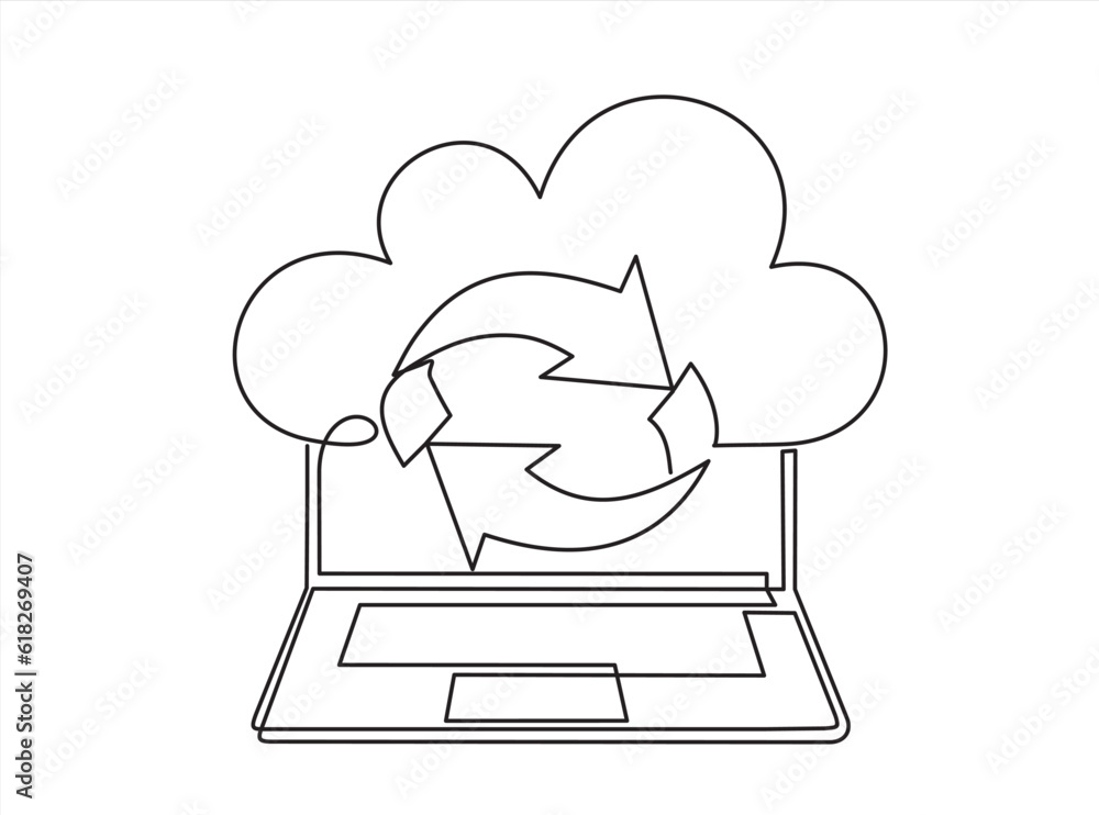Poster digital technologies. continuous one line drawing of exchange of information between the laptop and 