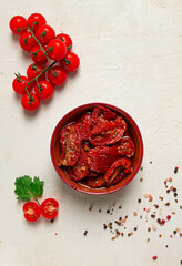 dried tomatoes, in a bowl, top view, on a white background,