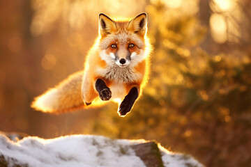 Dynamic Red Fox Jumping in Hunting Action - Created with Generative AI Tools