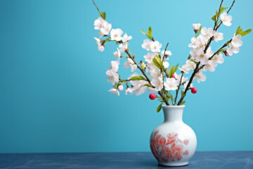 Elegant Flowering Cherry Branch in a Vase on a Blue Background - Created with Generative AI Tools