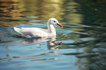 Obraz premium Elegant White Seagull Swimming in Serene Lake - Created with Generative AI Tools