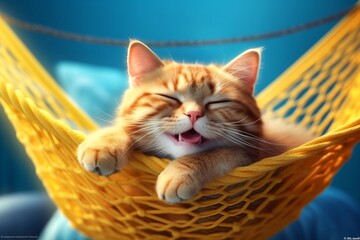 Cute ginger kitten sleeping in a hammock. International cat day. Generative AI