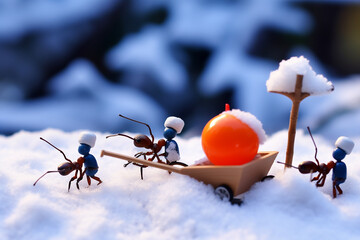 Festive Ants Ride Sledge and Play Snowballs on Christmas - Created with Generative AI Tools