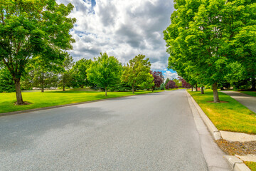 A tree lined street in a suburban housing community with parks and greenspace in Coeur d'Alene, Idaho, USA. - obrazy, fototapety, plakaty