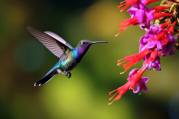 Obraz premium Graceful Blue Hummingbird Violet Sabrewing in Flight next to Pink Flower - Created with Generative AI Tools